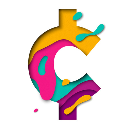 Cent symbol. Currency sign of paper cut origami elements. Alphabet letter with 3d multi layers papercut effectのイラスト素材