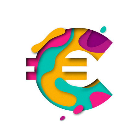 Euro symbol. Currency sign of paper cut origami elements. Alphabet letter with 3d multi layers papercut effectのイラスト素材