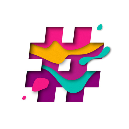 Hashtag or number sign or hash character. 3d letter with paper cut texture effect and color multi layersのイラスト素材
