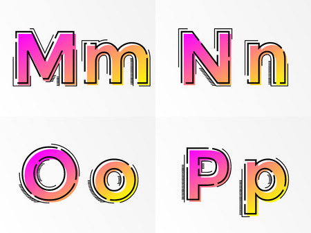 Modern alphabet set with letter M, N, O, P. Vector abstract font with gradient color and line design on white background for poster title headline or corporate identity typography.のイラスト素材