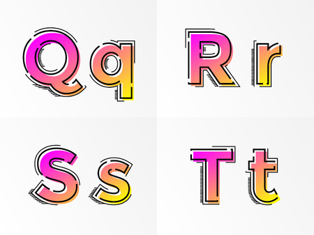 Modern alphabet set with letter Q, R, S, T. Vector abstract font with gradient color and line design on white background for poster title headline or corporate identity typography.のイラスト素材