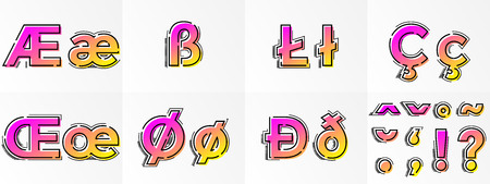 Modern alphabet set with punctuation signs and marks and special letters. Vector abstract font with gradient color and line design on white background for poster title headline.のイラスト素材