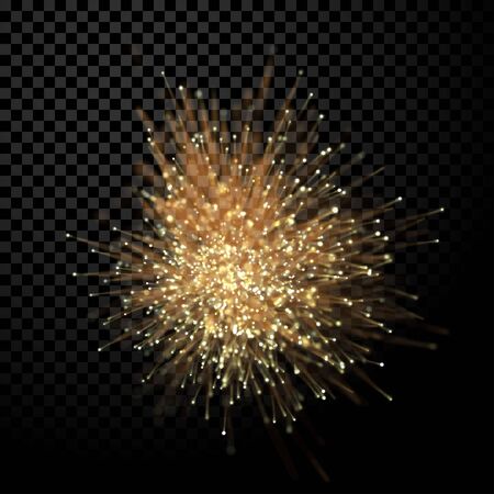 Abstract optical fiber glitter light effect on black background. Gold futuristic neon firework lines with particle star dust.のイラスト素材