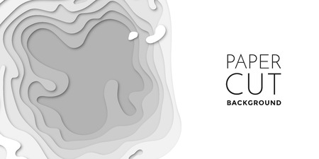 3D papercut banner of gradient white paper layers. Vector background design of horizontal abstract smooth origami shape paper cut, flowing liquid texture or topography concept for website templateのイラスト素材