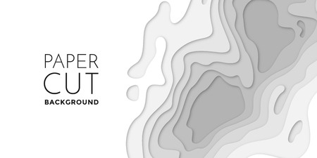 3D papercut banner of gradient white paper layers. Vector background design of horizontal abstract smooth origami shape paper cut, flowing liquid texture or topography concept for website templateのイラスト素材