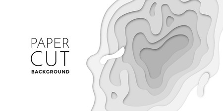 3D papercut banner of gradient white paper layers. Vector background design of horizontal abstract smooth origami shape paper cut, flowing liquid texture or topography concept for website templateのイラスト素材