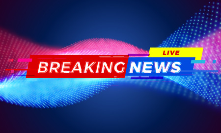 Breaking News title template for TV screen background. Live News tag bar modern red and blue vector light wave motion effect for televisionのイラスト素材