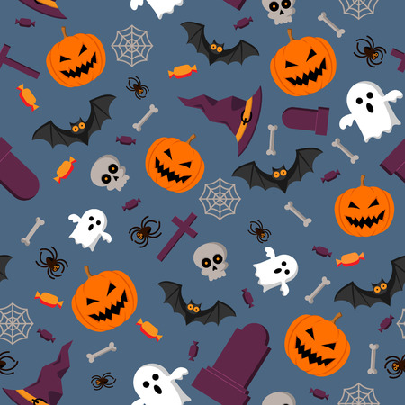 Halloween pattern background. Vector seamless cartoon orange pumpkin or witch hat, ghost or skeleton skull and black bat on cross tombstone graveyard and spider web for Halloween party designのイラスト素材