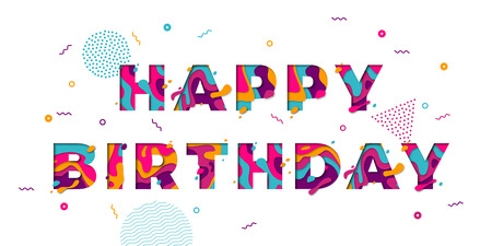 Happy Birthday greeting card template with festive color confetti stars and balloons pattern. Vector congratulation text of modern papercut multi color layers lettersのイラスト素材