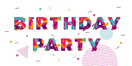 Happy Birthday greeting card of festive color confetti stars and balloons pattern background. Vector congratulation text of modern papercut multi color layers lettersのイラスト素材
