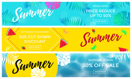 Summer sale promo discount or price cut off 50 percent banners set. Palm leaf, watermelon or orange fruit and strawberry berry on water background. Vector summertime seasonal online web shopping flyerのイラスト素材
