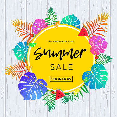 Summer sale poster of tropical palm leaf or summertime watermelon and orange fruit for seasonal shopping discount and online shop web banner template. Vector promo flyer design on wood backgroundのイラスト素材