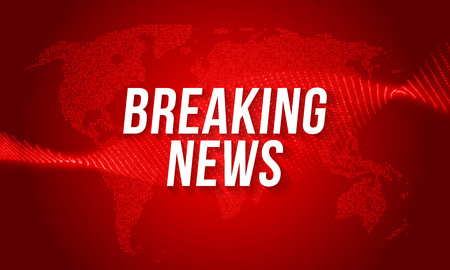 News background with world map of red LED lights. Modern futuristic breaking news title template backdrop with technology light effect for TV news channel studio screenのイラスト素材