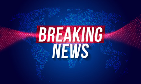 News background with world map of blue LED lights and headline bar tag. Modern futuristic breaking news template backdrop with technology light effect for TV news channel studio screenのイラスト素材