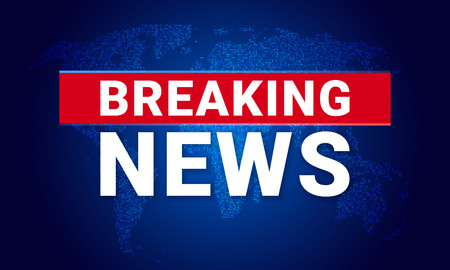 News background with world map backdrop. Blue LED lights and headline bar tag for modern futuristic breaking news template with technology light effect for TV news channel studio screenのイラスト素材