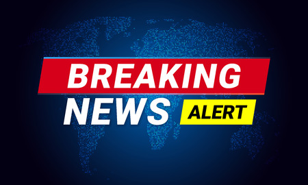 News background with world map backdrop. Blue LED lights and headline bar tag for modern futuristic breaking news template with technology light effect for TV news channel studio screenのイラスト素材