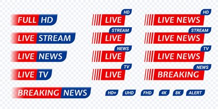 Live stream TV news red with blue tag icon. Video symbol of live broadcasting, hd, uhd, fhd, 4k, 8k. Vector user interface design for video blog.のイラスト素材