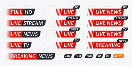 Live TV news red tag icon with video symbol of live broadcasting, full hd, live stream. Black tag labels of hd, uhd, fhd, 4k, 8k. Vector user interface design for video blog.のイラスト素材