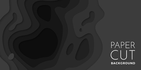 3D papercut banner of gradient black paper layers. Vector background design of horizontal abstract smooth origami shape paper cut, flowing liquid texture or topography concept for website template.のイラスト素材