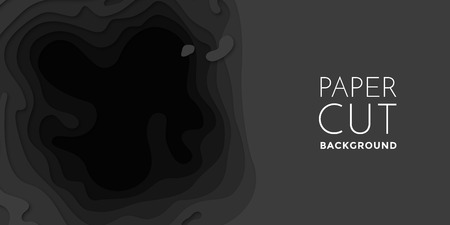 3D papercut banner of gradient black paper layers. Vector background design of horizontal abstract smooth origami shape paper cut, flowing liquid texture or topography concept for website template.のイラスト素材