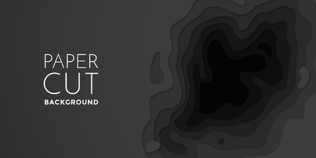 3D papercut banner of gradient black paper layers. Vector background design of horizontal abstract smooth origami shape paper cut, flowing liquid texture or topography concept for website template.のイラスト素材