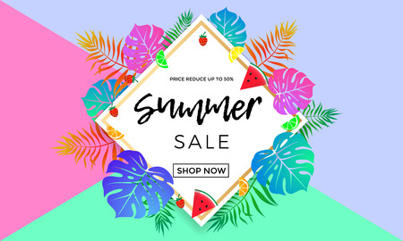 Summer sale banner template for summertime seasonal discount promo. Vector 50 off special offer for shop poster or online web advertising template with palm leaf, watermelon and orange fruit in frameのイラスト素材