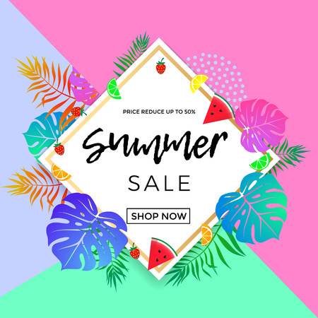 Summer sale bright poster for seasonal shopping discount and online shop web banner template. Vector promo flyer design of summertime watermelon and orange fruit on tropical palm leaf backgroundのイラスト素材