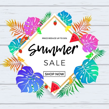 Summer sale poster of tropical palm leaf or summertime watermelon and orange fruit for seasonal shopping discount and online shop web banner template. Vector promo flyer design on wood backgroundのイラスト素材