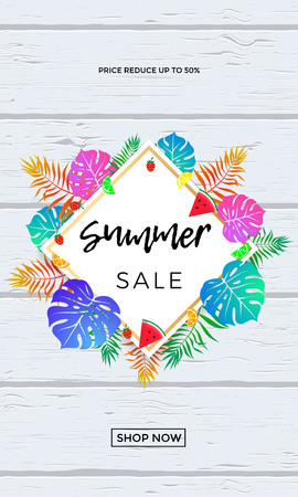 Summer sale poster or web banner of tropical palm leaf, summertime watermelon and orange fruit on white wood background. Seasonal shopping discount and online shop promo vector design templateのイラスト素材