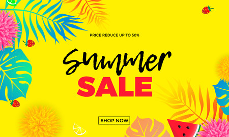 Summer sale and special offer shop banner template with palm leaf pattern bright color background. 50 percent off price reduce poster for seasonal shopping flyer or vector shop online advertisingのイラスト素材