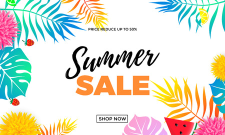 Summer sale and special offer shop banner template with palm leaf pattern bright color background. 50 percent off price reduce poster for seasonal shopping flyer or vector shop online advertisingのイラスト素材