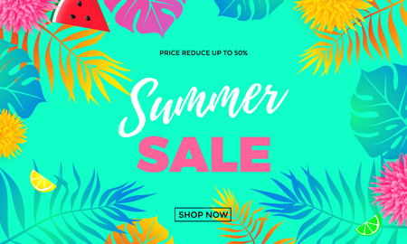 Summer sale and special offer shop banner template with palm leaf pattern bright color background. 50 percent off price reduce poster for seasonal shopping flyer or vector shop online advertisingのイラスト素材