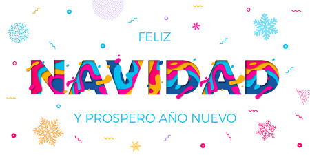 Feliz Navidad Merry Christmas Spanish greeting card, Prospero Ano Nuevo or Happy New Year wish poster. Vector paper cut multi color layers effect and winter holiday snowflakes pattern white backgroundのイラスト素材