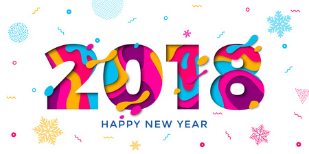 2018 Happy New Year holiday greeting card on white background with snowflakes pattern. Vector winter holiday poster design of paper cut multi color layers and creative text carvingのイラスト素材
