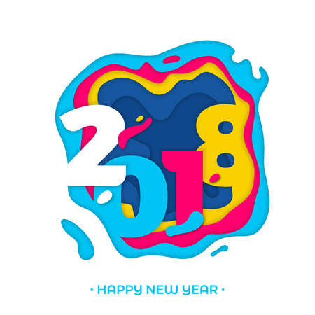 2018 Happy New Year holiday greeting card with color number text paper carving on white background. Vector winter Christmas holiday creative modern trendy designのイラスト素材