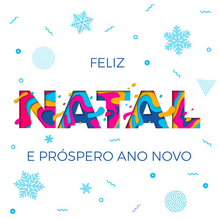 Feliz Natal Merry Christmas Portuguese greeting card, Ano Novo or Happy New Year wish poster of winter holiday snowflakes pattern white background. Vector paper cut multi color layers carvingのイラスト素材