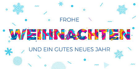Frohe Weihnachten Merry Christmas and Neus Jahr Happy New Year German holiday greeting card white background. Winter snowflakes pattern on vector paper cut multi color layers text carving posterのイラスト素材