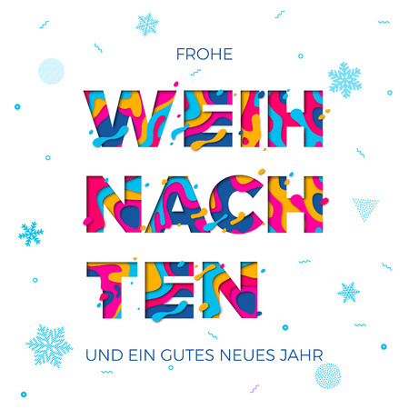 Frohe Weihnachten Merry Christmas and Neus Jahr Happy New Year German greeting card white background or wish poster. Vector winter holiday paper snowflakes carving pattern multi color text designのイラスト素材