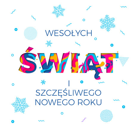 Wesolych Swiat Merry Christmas and Nowego Roku Happy New Year Polish greeting card white background for wish poster. Vector winter holiday paper snowflakes carving pattern multi color text designのイラスト素材