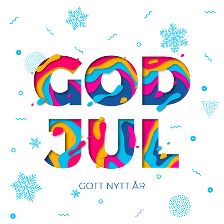 God Jul Merry Christmas and Gott Nytt Ar Happy New Year Swedish greeting card white background or wish poster. Vector winter holiday paper snowflakes carving pattern multi color text designのイラスト素材