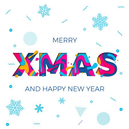 Merry Xmas or Christmas and Happy New Year background with snowflakes pattern for premium creative greeting card. Vector Christmas holiday wish text of multi color paper carving designのイラスト素材