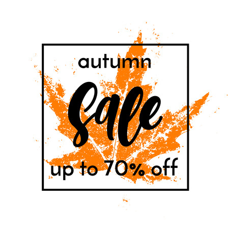 Autumn sale 70 percent off square banner. Vector discount offer with autumnal orange maple leaf imprint design on white background for promo poster, leaflet, web bannerのイラスト素材