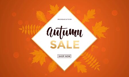 Autumn sale poster or banner for September fall shopping with maple leaf and discount text for new shop collection. Vector autumnal orange design for promo poster, leaflet or web bannerのイラスト素材