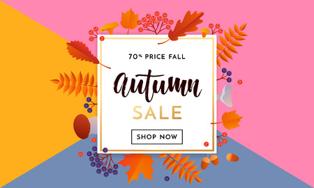 Autumn sale poster or autumnal shopping promo 70 percent banner for September fall with maple and oak acorn leaf foliage and discount text. Vector design for shop poster, leaflet or web bannerのイラスト素材