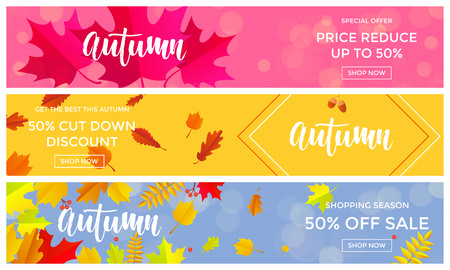 Autumn sale banners for September 50 percent shopping promo autumnal discount. Vector maple and oak acorn leaf foliage and discount text design for shop leaflet or web bannerのイラスト素材