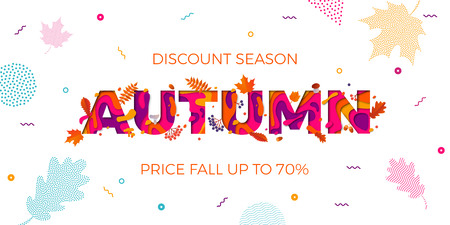 Autumn sale banner on maple leaf foliage pattern for autumnal shopping promo 70 percent design. September oak acorn and discount text for shop poster or leafletのイラスト素材