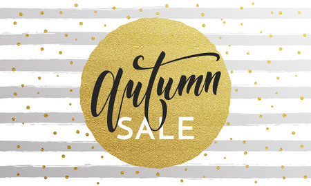 Autumn sale text golden banner or poster with gold dot and stripes pattern for September shopping promo or autumnal shop discount leaflet or web bannerのイラスト素材