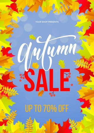 Autumn sale poster for September 70 percent shopping promo autumnal discount. maple and oak acorn leaf foliage and discount text design for shop leaflet or web bannerのイラスト素材