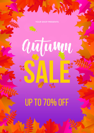 Autumn sale poster for September fall shopping 70 percent with maple leaf and discount text for shop. autumnal purple, design for promo poster, leaflet or web bannerのイラスト素材