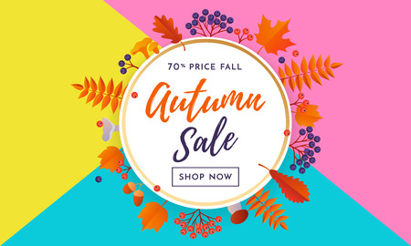 Autumn sale banner or autumnal shopping promo 70 percent banner for September fall with maple and oak acorn leaf foliage and discount text.のイラスト素材
